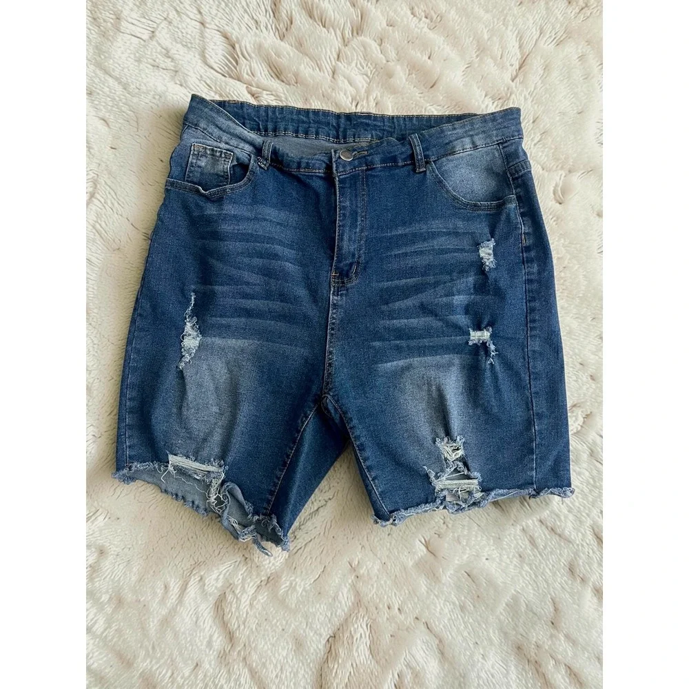 Distressed Raw Hem Stretch Denim Shorts Size 2XL